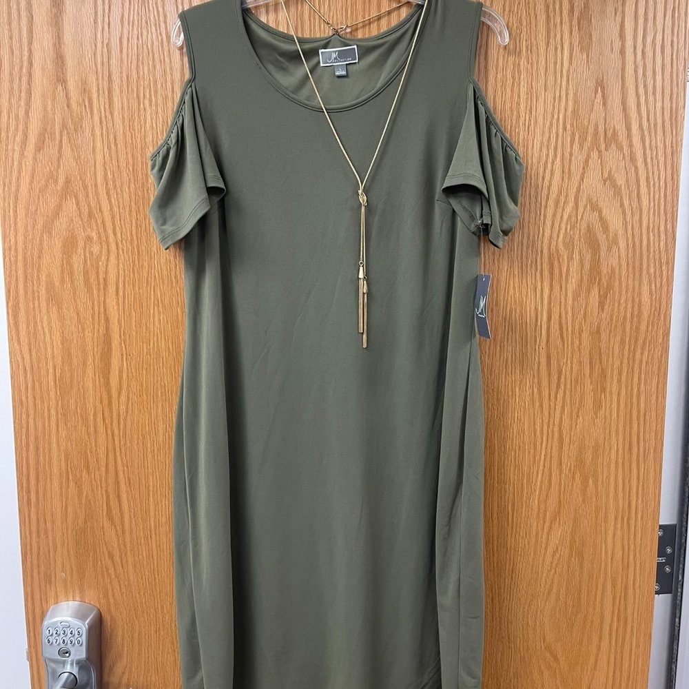 JM Collection Size Large Olive Green Short Cold Shoulder Dress w/ Gold Necklace